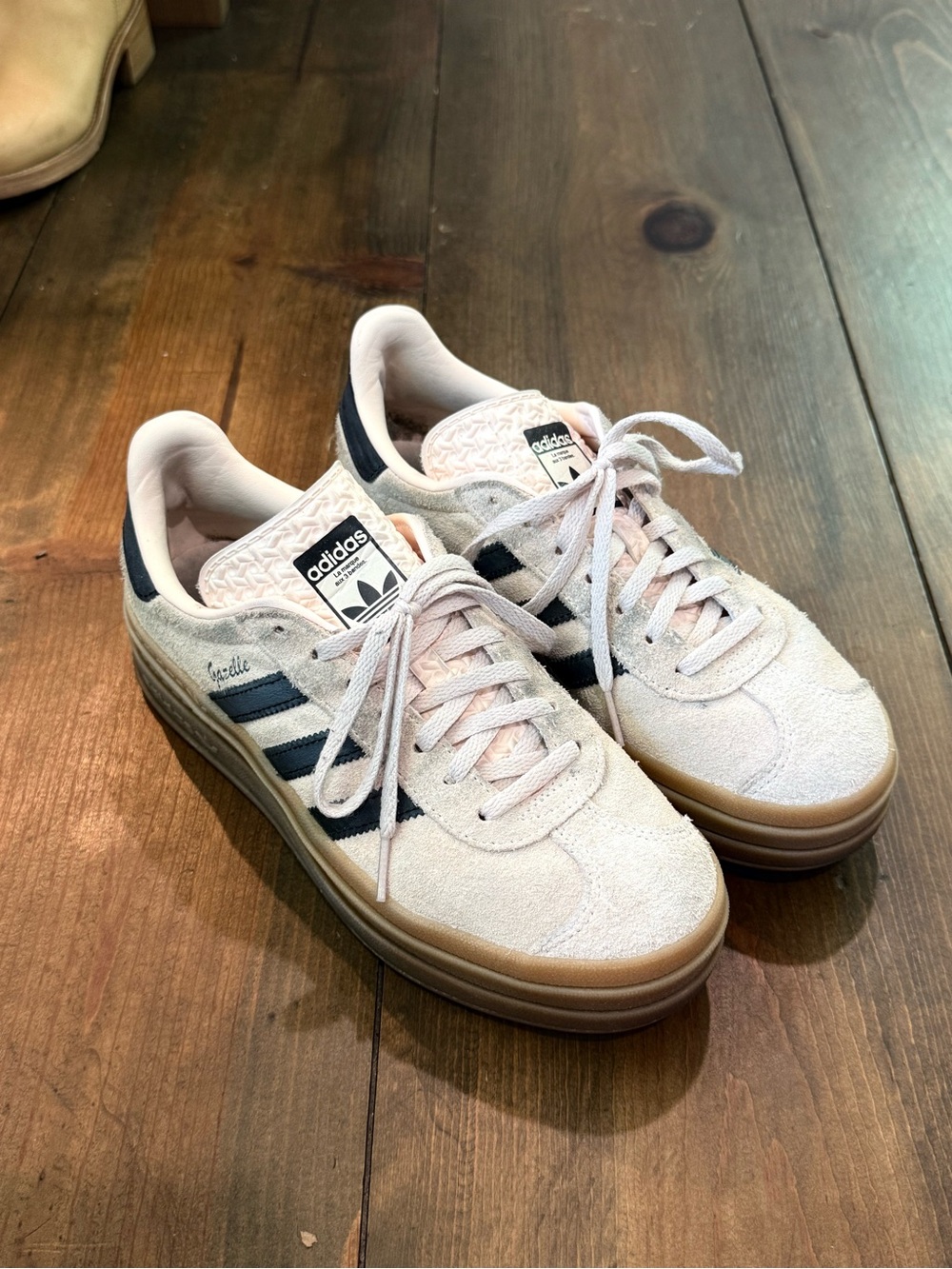 adidas Suede Sneakers in Pale Pink with Navy Stripes